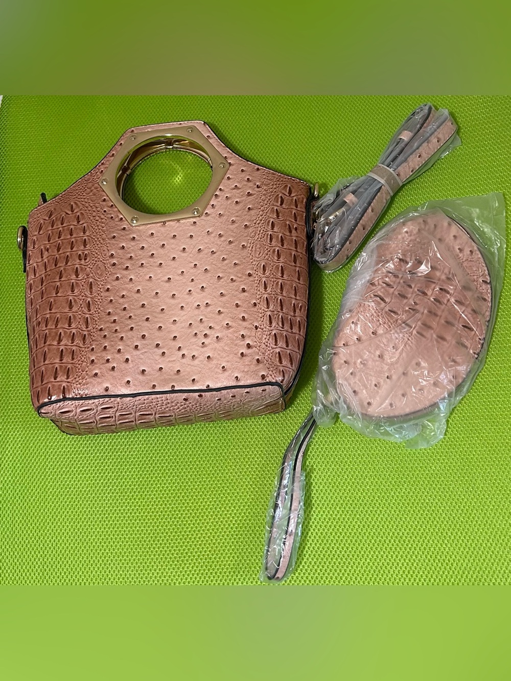 Women's Rose Gold Faux Ostrich Leather Handbag set featuring Brass Handle